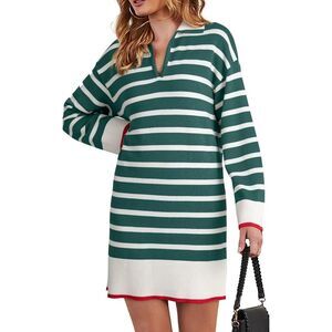 NEW Green Polo V Neck Long Sleeve Dress Striped Mini Sweater Dress S